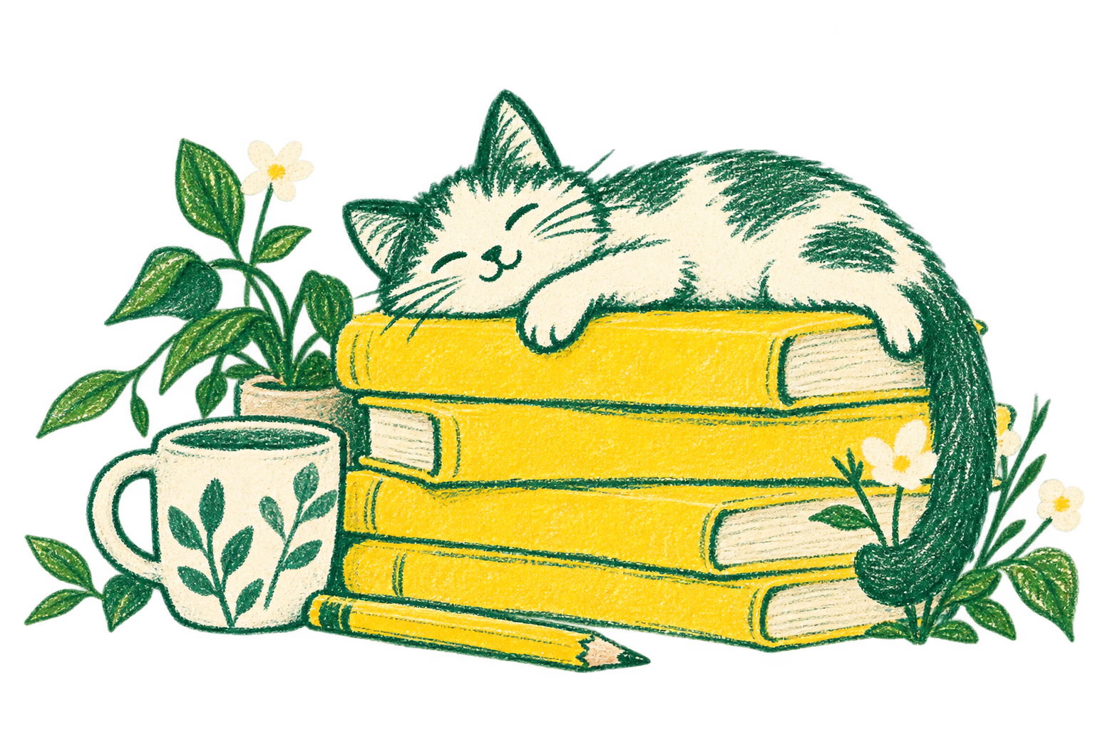 A hand-drawn concept illustration of a cat resting on yellow books beside a cup, pencil and plants