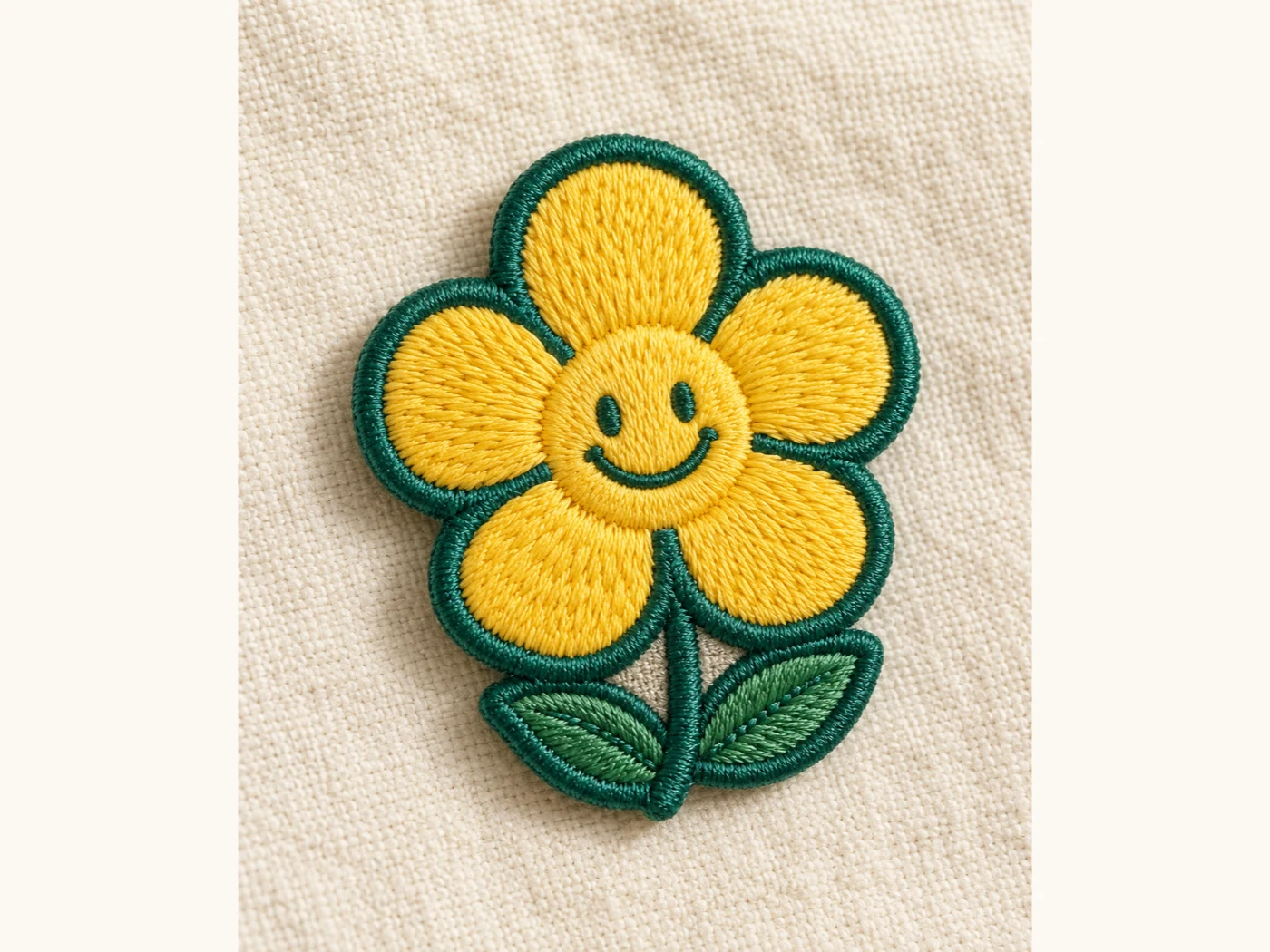 Concept product image of a yellow smiling flower embroidered patch with visible green edging and stitches