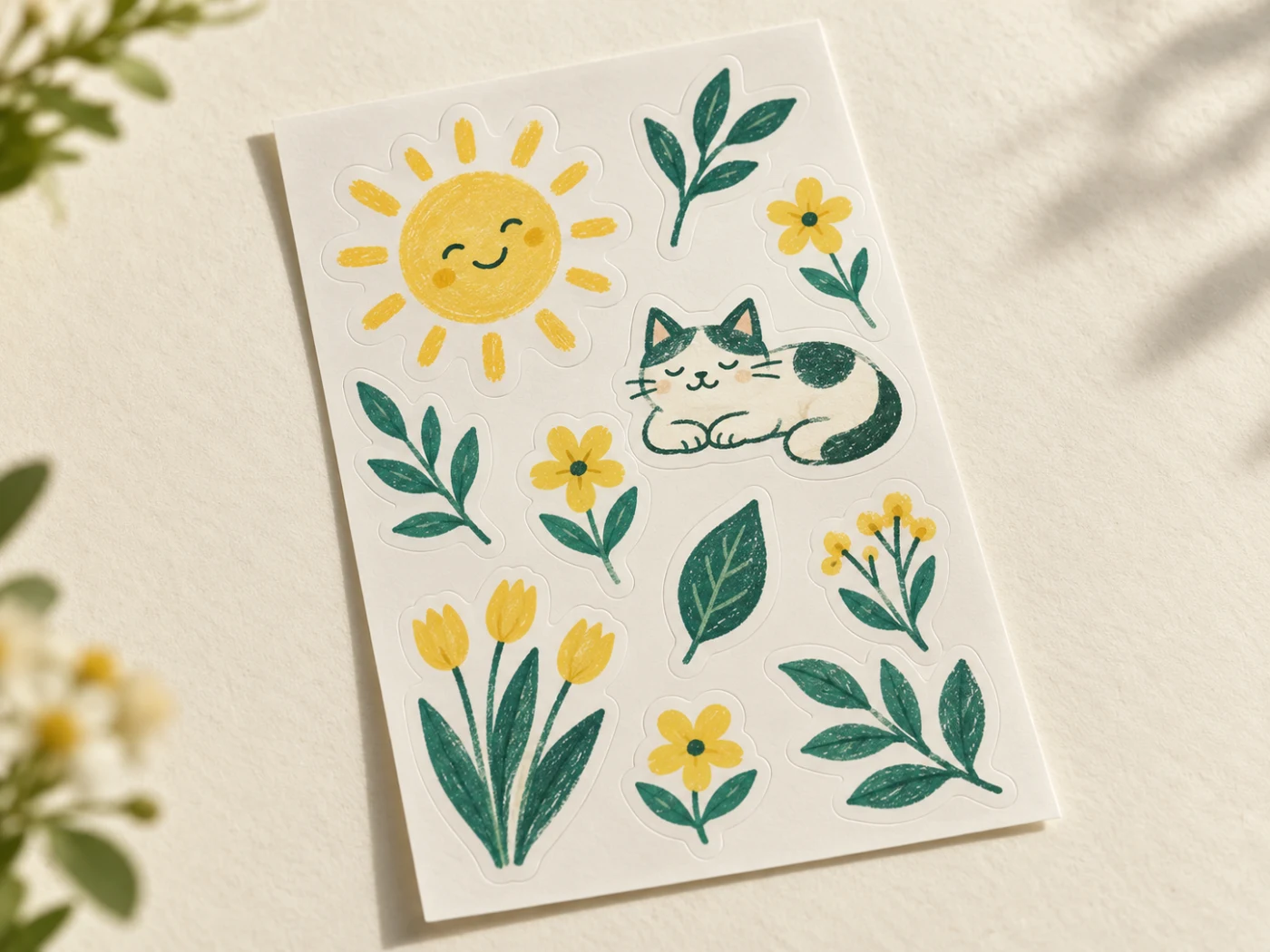 Concept product image of an A6 kiss-cut sticker sheet with original cat, flower, leaf and sun motifs